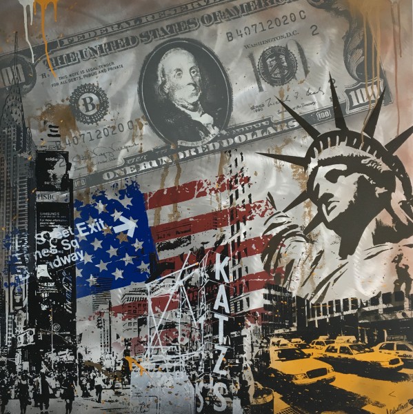 NEW YORK CRACY DOLLAR FLAG - LEINWAND - Michel Friess
